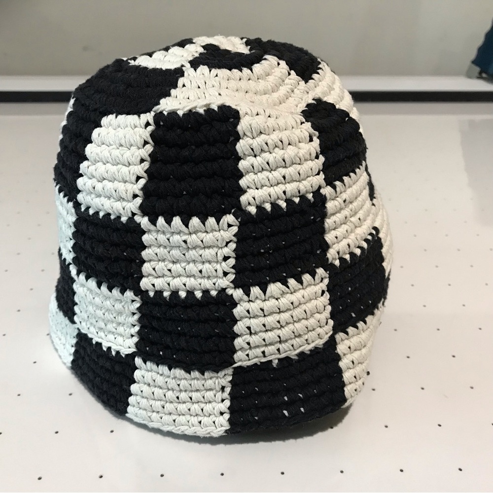 Black & White Crochet Checkered Bucket Hat
